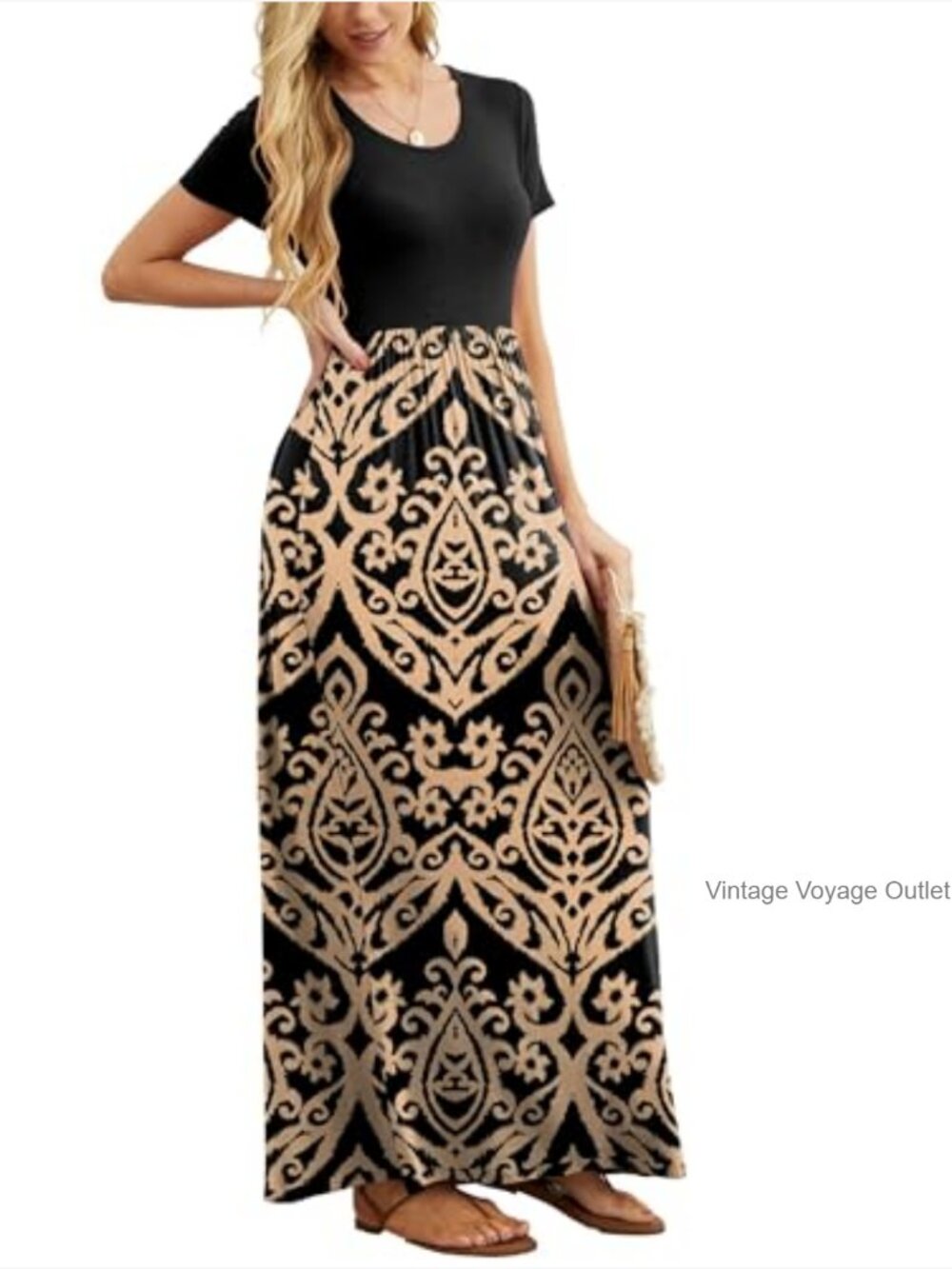 Women Summer Casual Maxi Long Dress Short Sleeve Crew Neck with Pockets - Picture 4 of 7